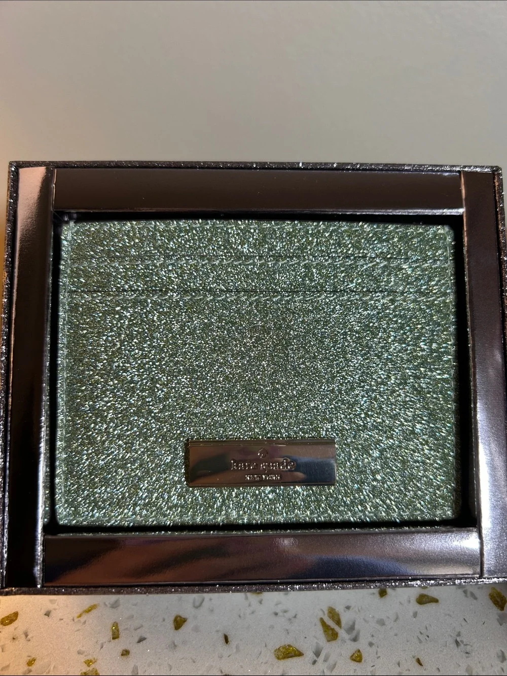 kate spade Mint Green Glitter Card Holder with Gold Plaque